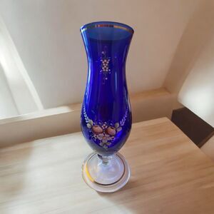Vintage Bohemian Glass Cobalt Blue Footed Gold Trim And Floral Bud Vase ~8”